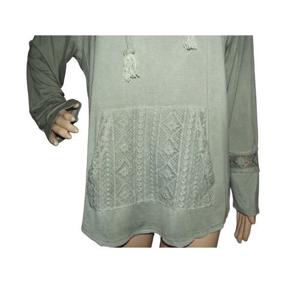 POL Hoodie Top Womens Medium Sage Green Crocheted Rope Drawstring Hooded shirt - Picture 4 of 11